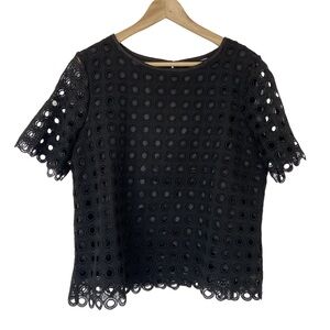ADIVA BLACK CLASSIC EYELET LACE SHORT SLEEVED TOP/BLOUSE WITH LINING, LARGE